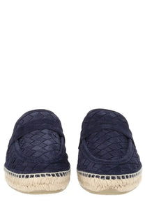 Castañer men’s moccasin nile blue navy blue woven leather espadrille loafers with braided jute sole front view