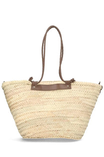 Castañer women’s beige woven straw tote bag with brown leather accents and braided handles Campania design