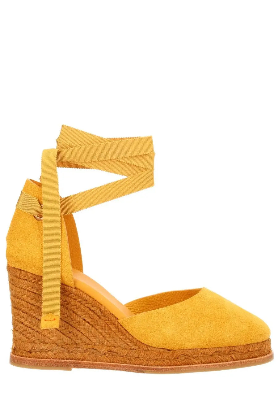Castañer women’s espadilla camila orange yellow suede espadrille wedge sandal with woven jute heel and ankle straps