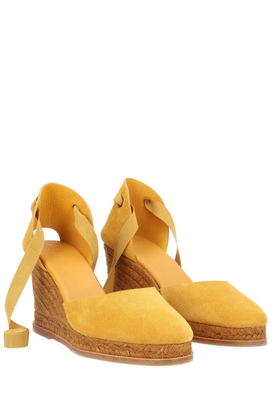 Castañer women’s espadilla camila orange yellow suede espadrille wedge sandals with woven jute soles and ankle straps