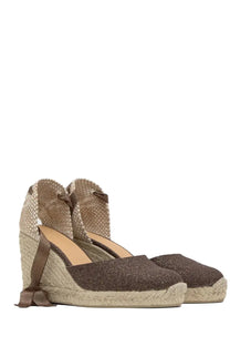 Brown glittery espadrille wedge sandals with woven jute straps and braided rope heel by Castañer