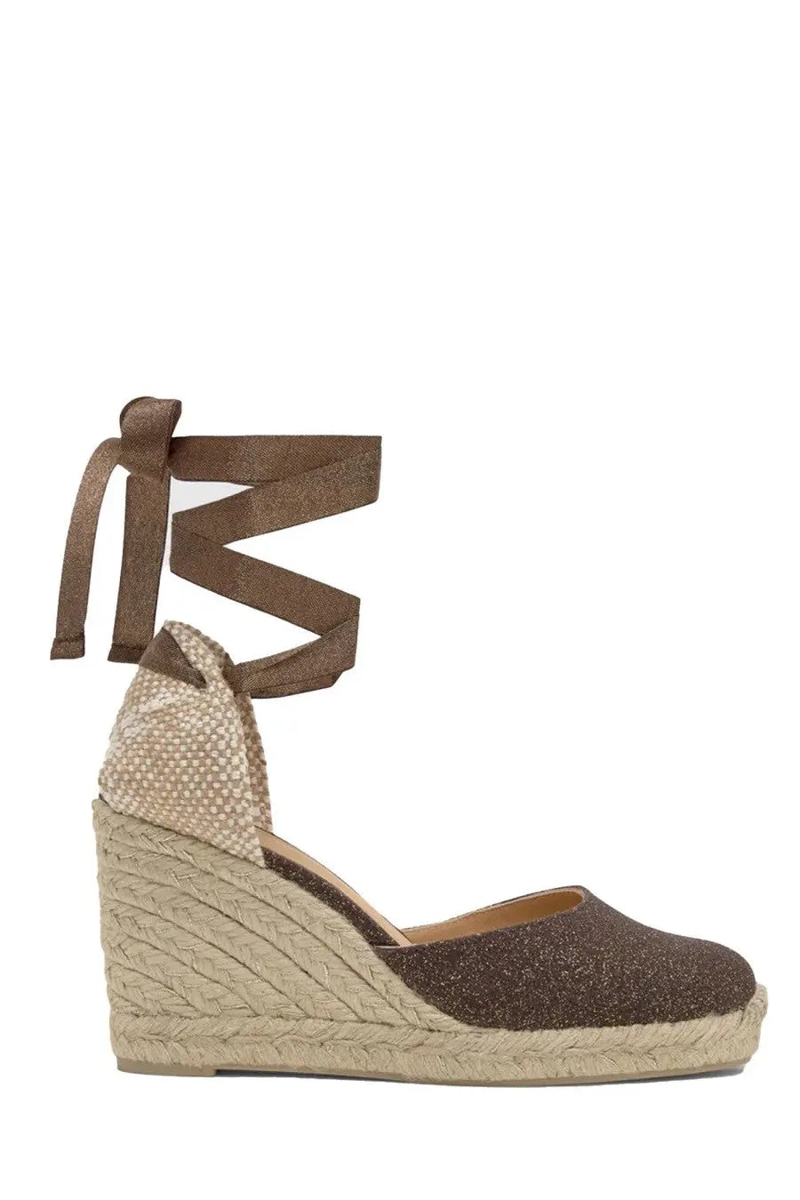 Castañer women’s espadrilla Carina wedge sandal in brown glitter fabric with woven jute sole and matching fabric tie