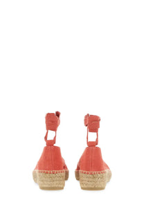 Coral-colored castañer women’s espadrilla gea blue wedge sandals with woven jute soles and fabric ankle straps