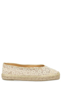 Castañer women’s espadrilla paoli beige flat shoe with floral lace upper and woven jute sole