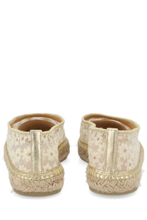 Castañer women’s espadrilla Paoli beige lace espadrilles with gold metallic accents and woven jute soles
