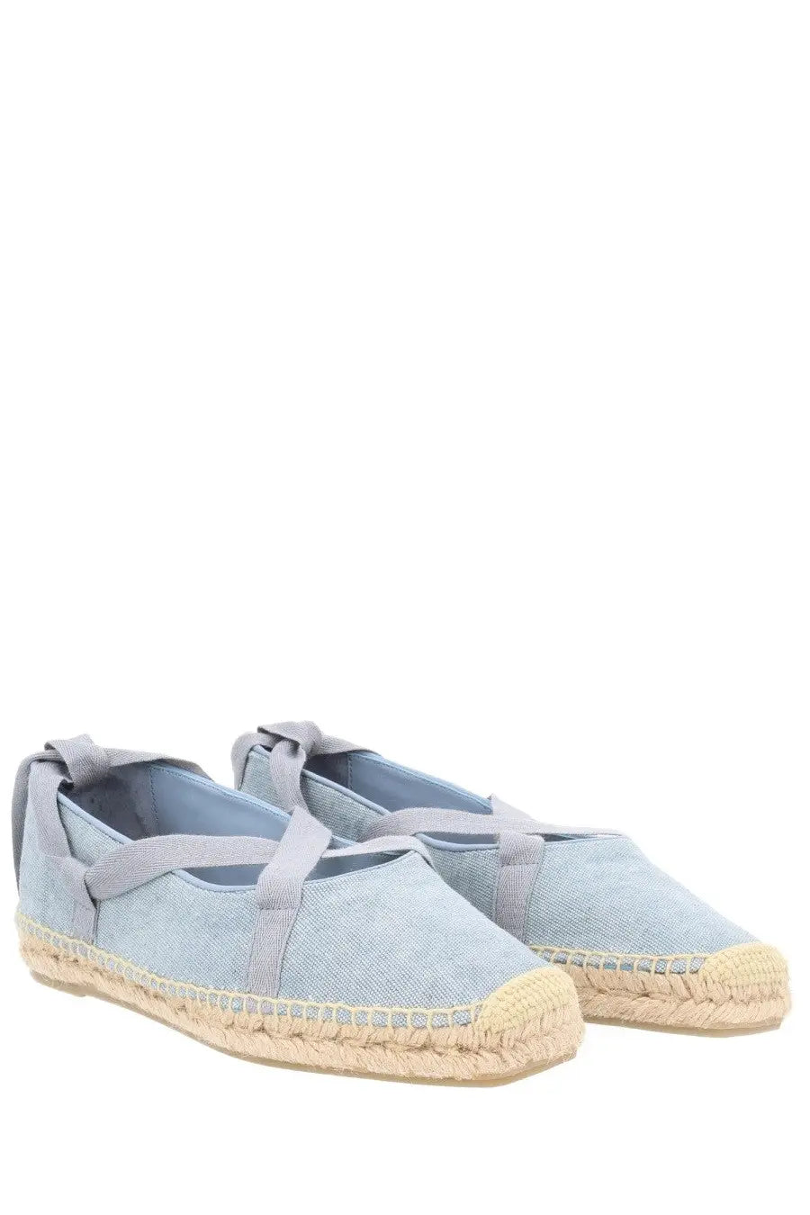 Light blue canvas espadrilles with gray fabric straps and woven jute sole by Castañer Womens Espadrilla Petunia Blue