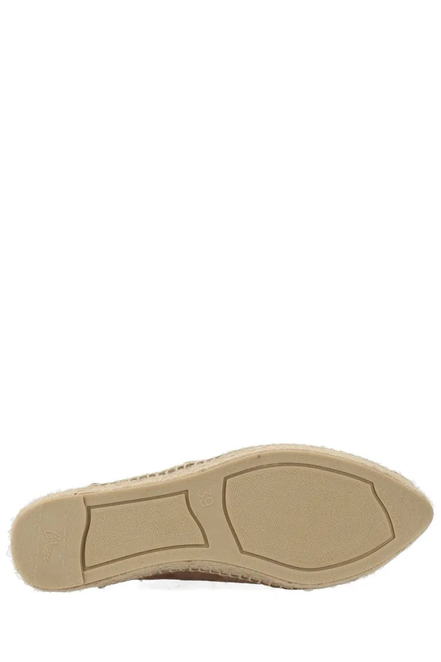Beige sole of castañer women’s espadrilla rania brown shoe with woven jute texture and molded rubber tread pattern