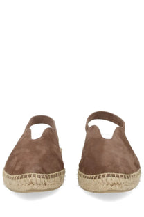 Castañer women’s espadrilla rania brown suede sandals with woven jute sole and ankle strap