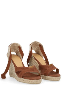 Castañer women’s espadrille bailey beige brown suede wedge sandals with woven espadrille soles and ankle straps