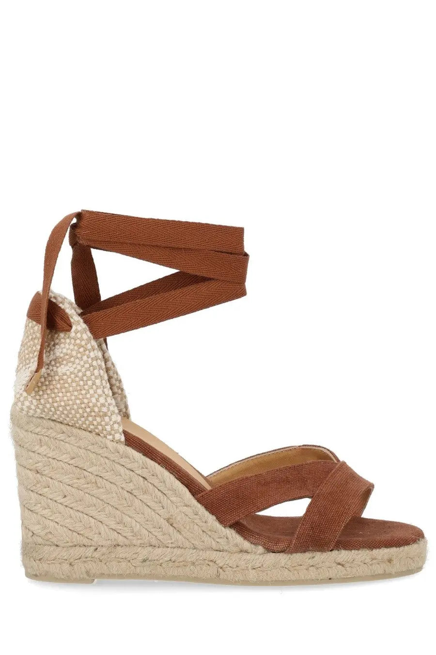 Castañer women’s espadrille bailey beige wedge sandal with brown woven strap braided jute sole and suede accents
