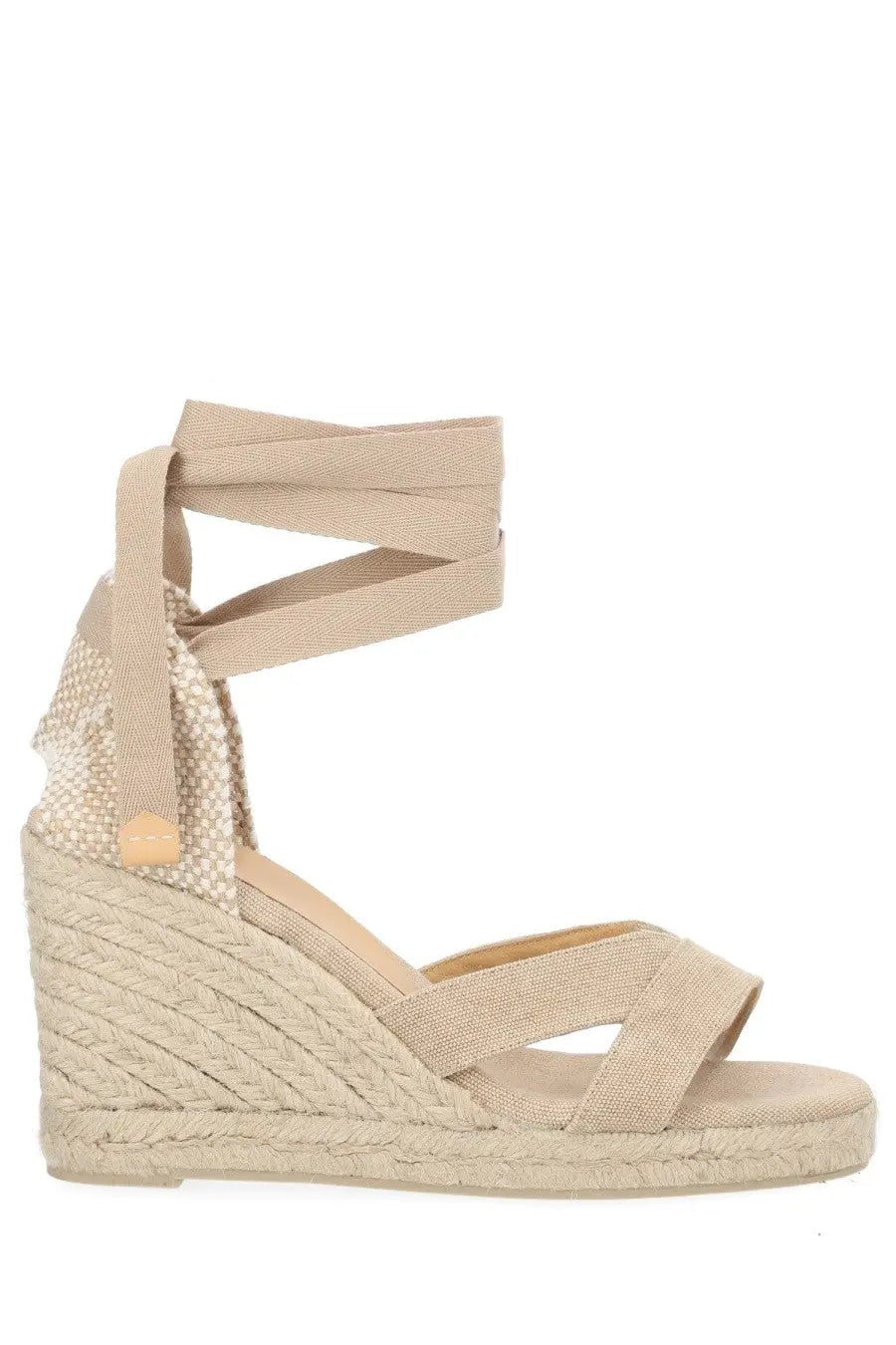 Beige Castañer women’s espadrille Bailey wedge sandal with woven rope sole and fabric straps front view