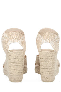 Beige woven espadrille wedge sandals with braided rope heel and open back by castañer women’s espadrille bailey