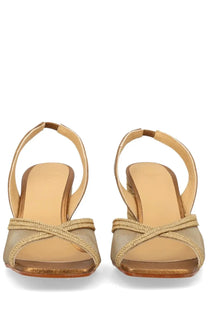 Castañer women’s espadrille Betty gold gold glitter cross-strap sandals with square heel and tan insole
