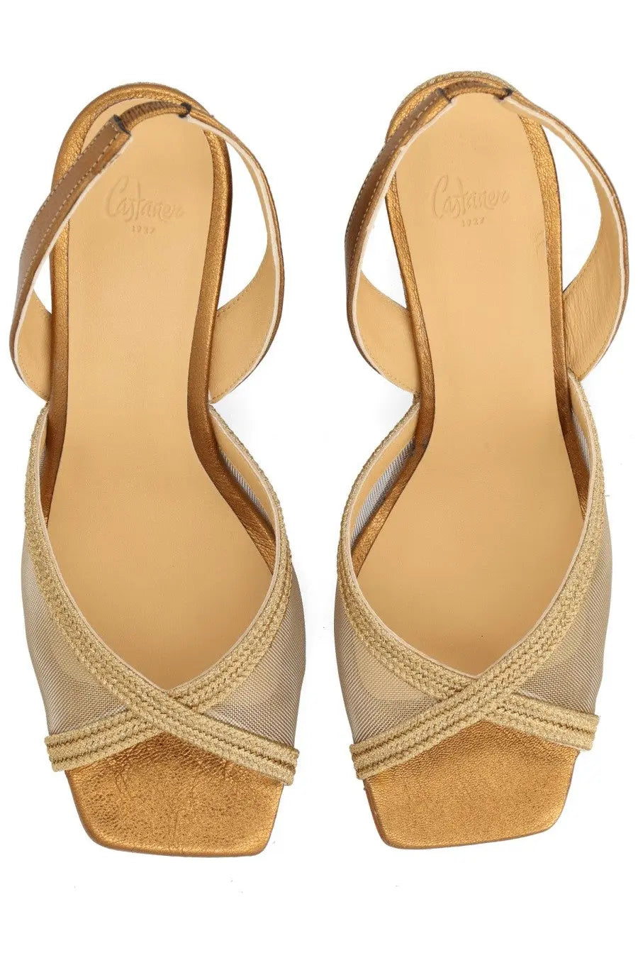 Castañer women’s espadrille Betty gold gold-toned mesh and suede strappy sandals with a square toe