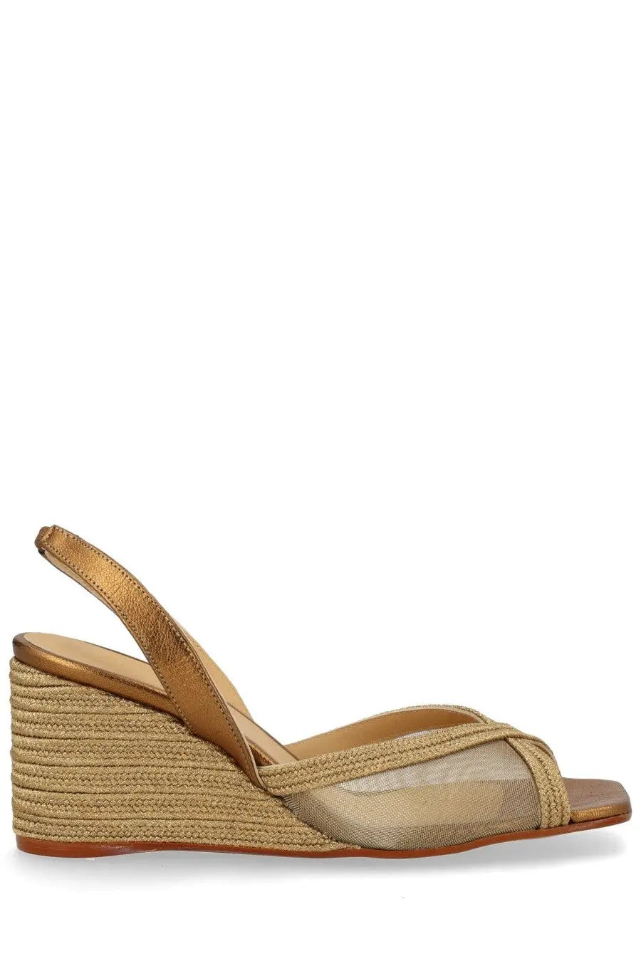 Castañer women’s espadrille Betty gold wedge sandal with gold-toned woven rope heel and sheer mesh straps