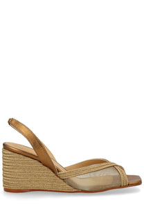 Castañer women’s espadrille Betty gold wedge sandal with gold-toned woven rope heel and sheer mesh straps