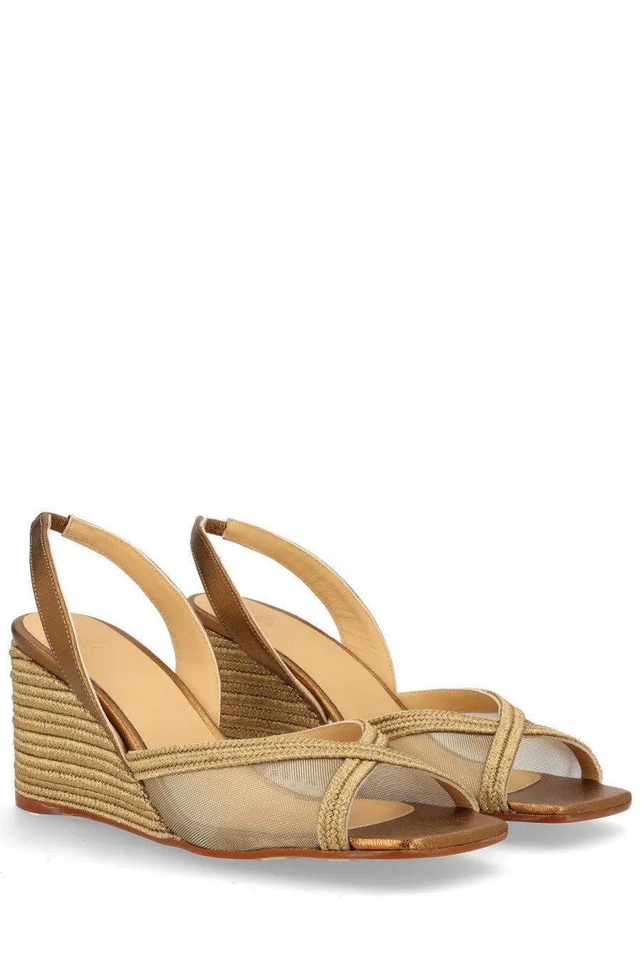 Castañer women’s espadrille betty gold wedge sandals with gold-toned woven rope heel and mesh upper