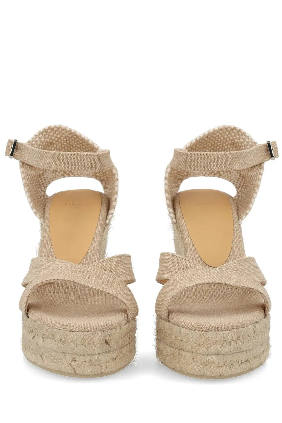 Castañer women’s beige woven espadrille wedge sandals with braided rope sole and adjustable ankle strap
