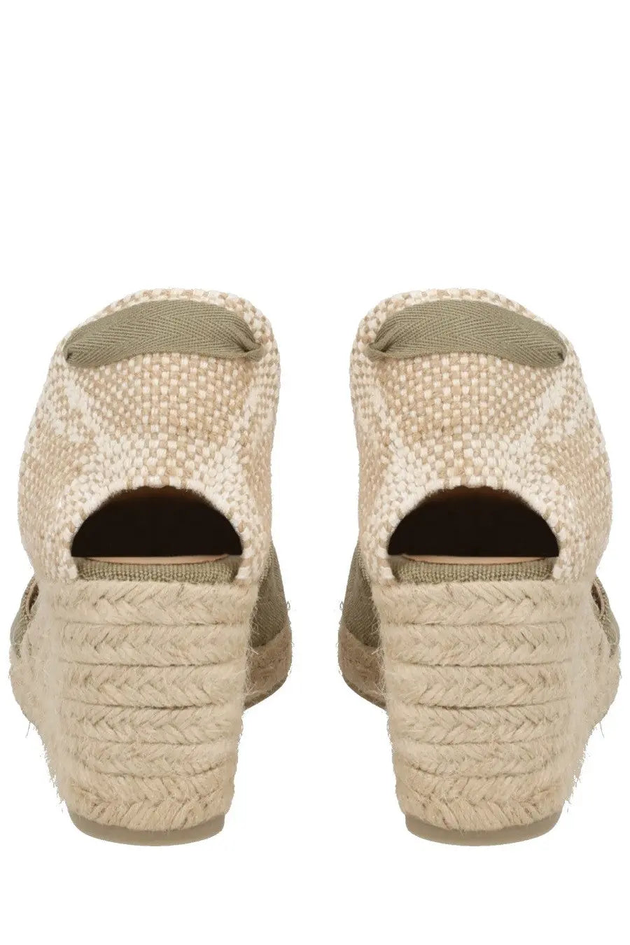 Beige woven espadrille wedge sandals with olive green fabric accents from Castañer Women’s Espadrille Carina Green