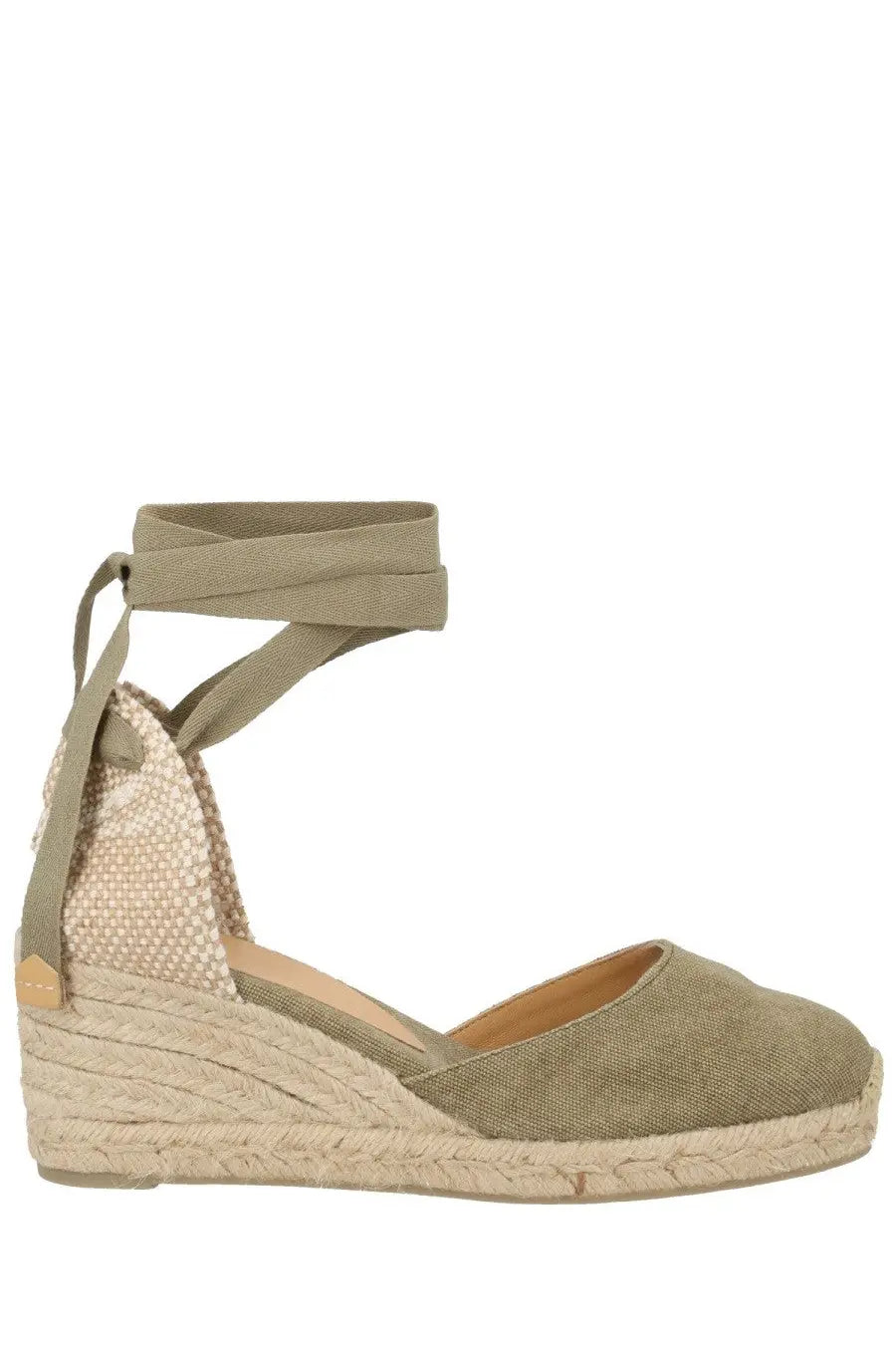 Olive green Castañer women’s espadrille Carina wedge sandal with woven jute sole and fabric ankle strap