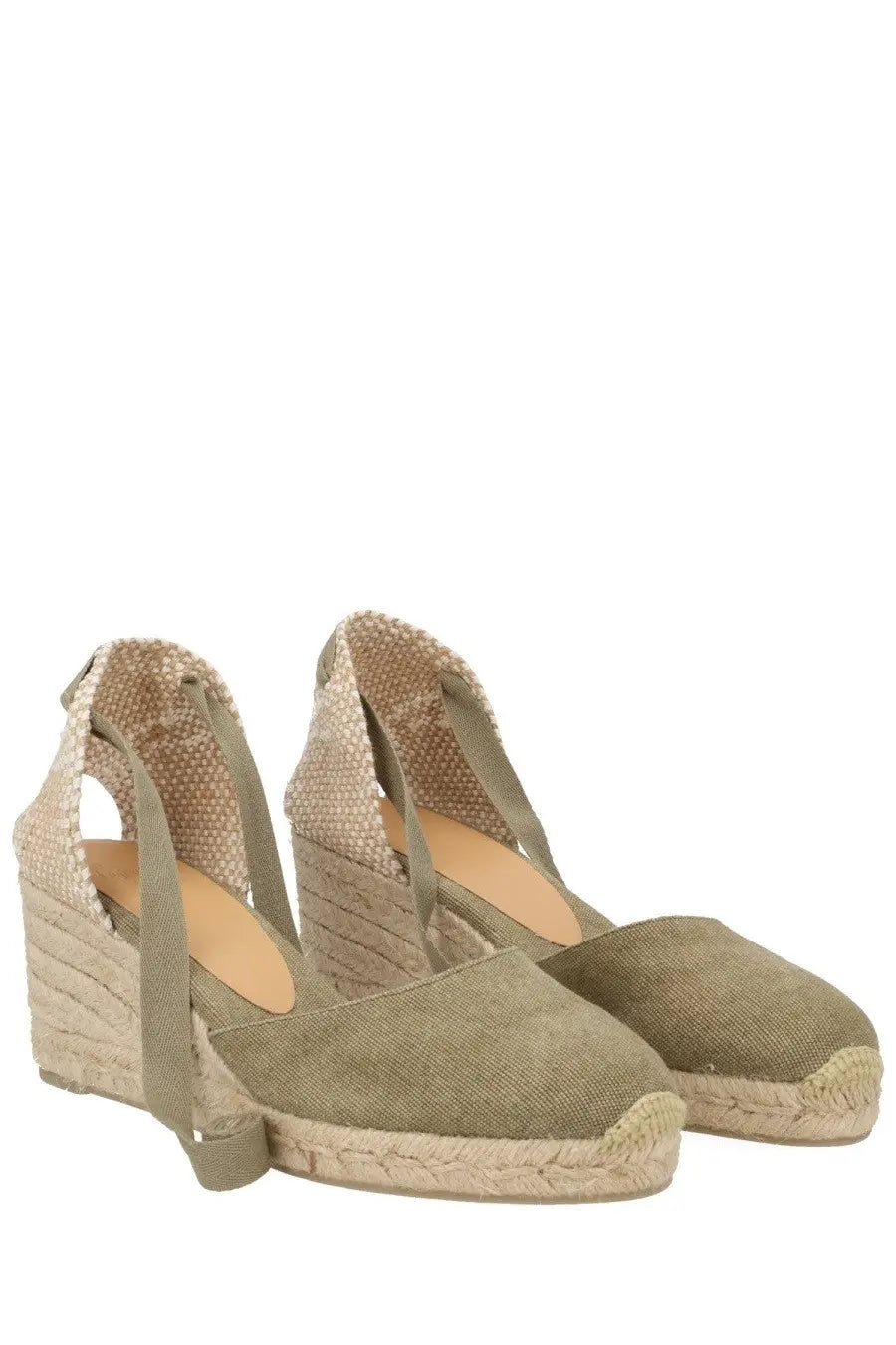Olive green woven espadrille wedge sandals with braided jute sole and adjustable ankle straps by Castañer