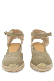 Beige Castañer women’s espadrille Carol wedge sandals with canvas upper and woven jute sole
