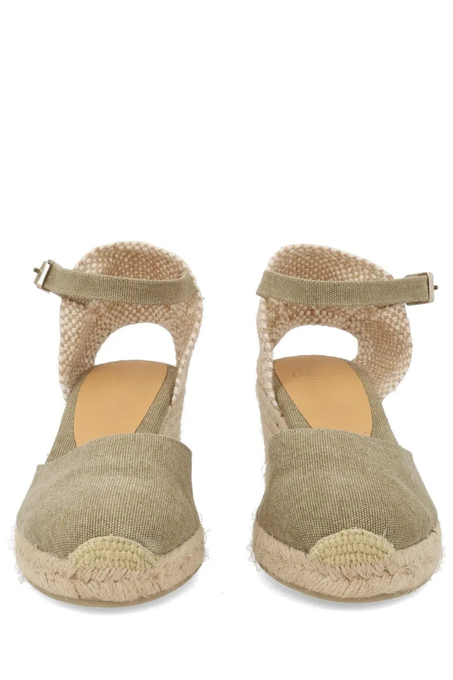 Beige Castañer women’s espadrille Carol green wedge sandals with woven jute sole and canvas upper