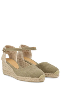 Olive green canvas espadrille wedge sandals with woven jute sole and ankle strap by castañer women