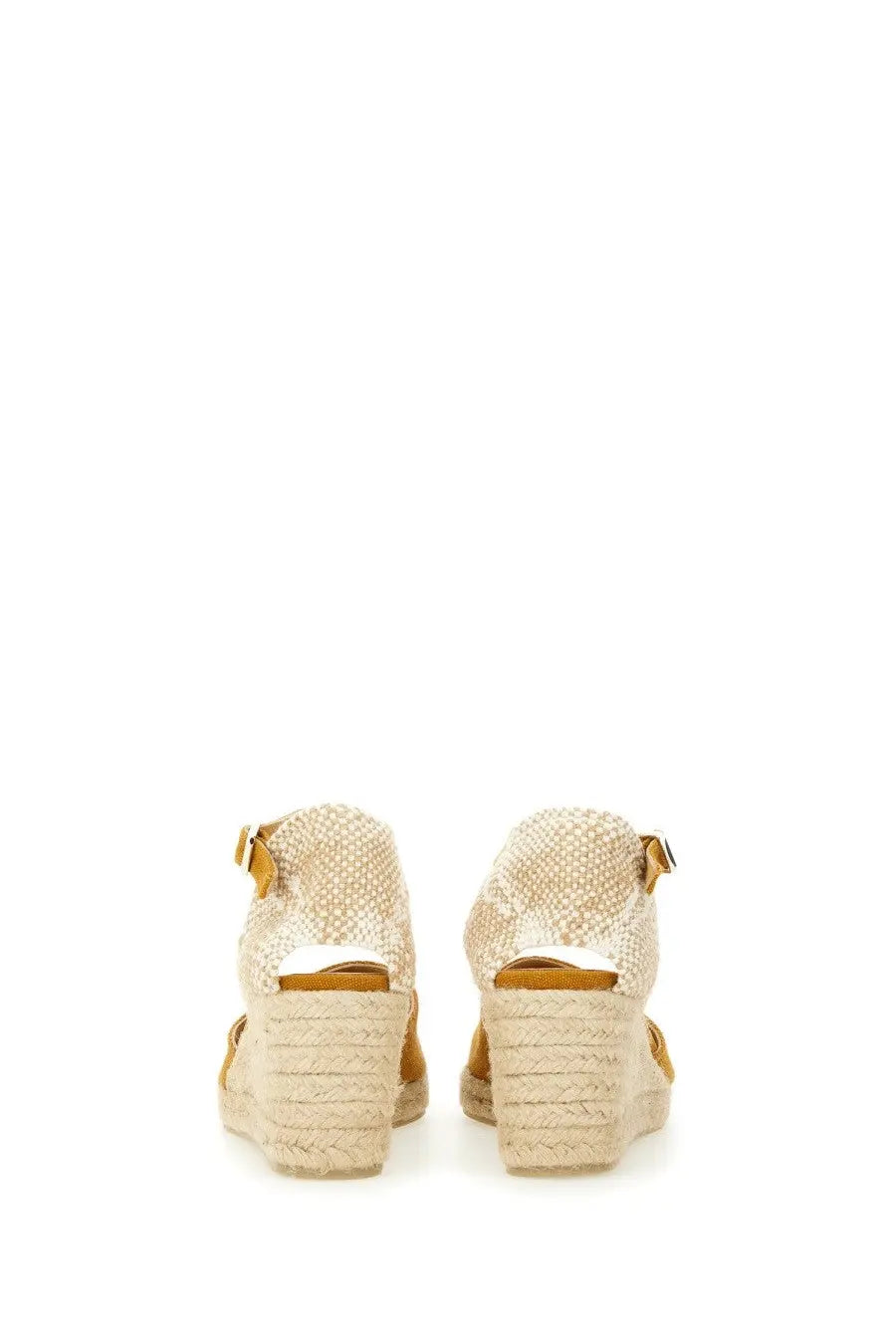 Castañer women’s espadrille carol orange beige woven wedge sandals with tan leather straps and buckle details