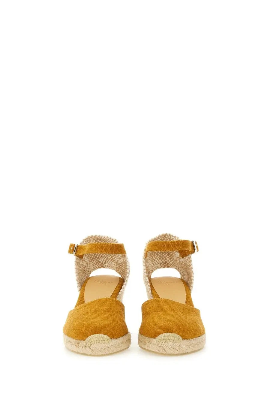 Mustard yellow suede espadrille wedge sandals with woven jute straps and ankle buckles by castañer women