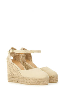Beige Castañer women’s espadrille Carol sandals with woven jute wedge sole and ankle strap