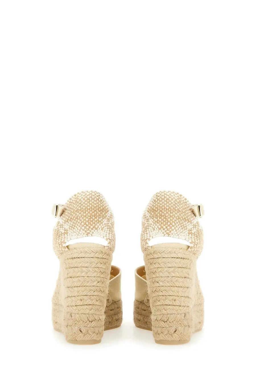 Castañer women’s espadrille Carol white beige woven wedge sandals with textured upper and gold-tone buckle detail