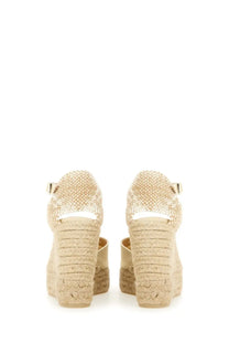 Castañer women’s espadrille Carol white beige woven wedge sandals with textured upper and gold-tone buckle detail