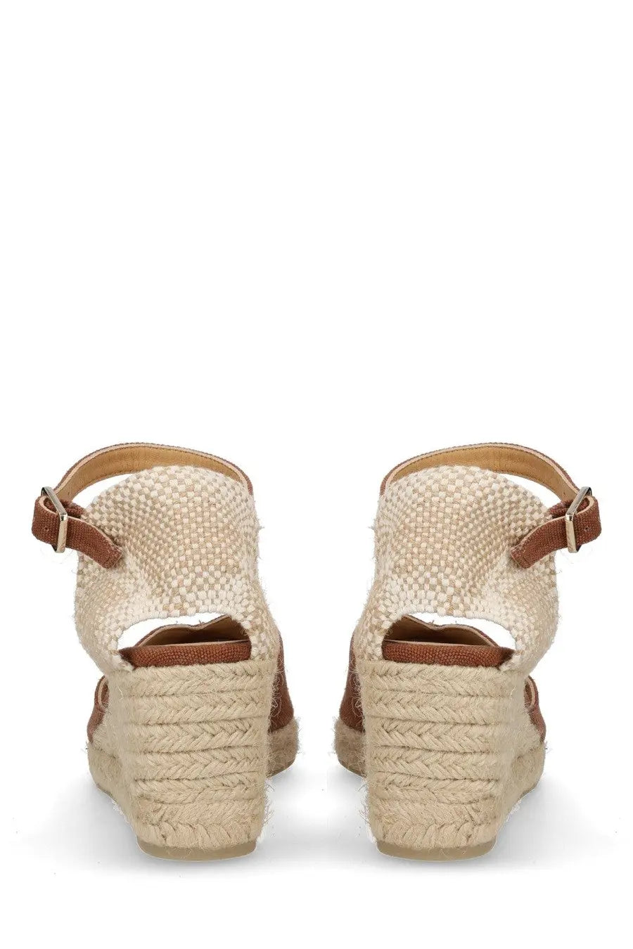 Beige woven espadrille wedge sandals with brown leather straps and buckle details by castañer women