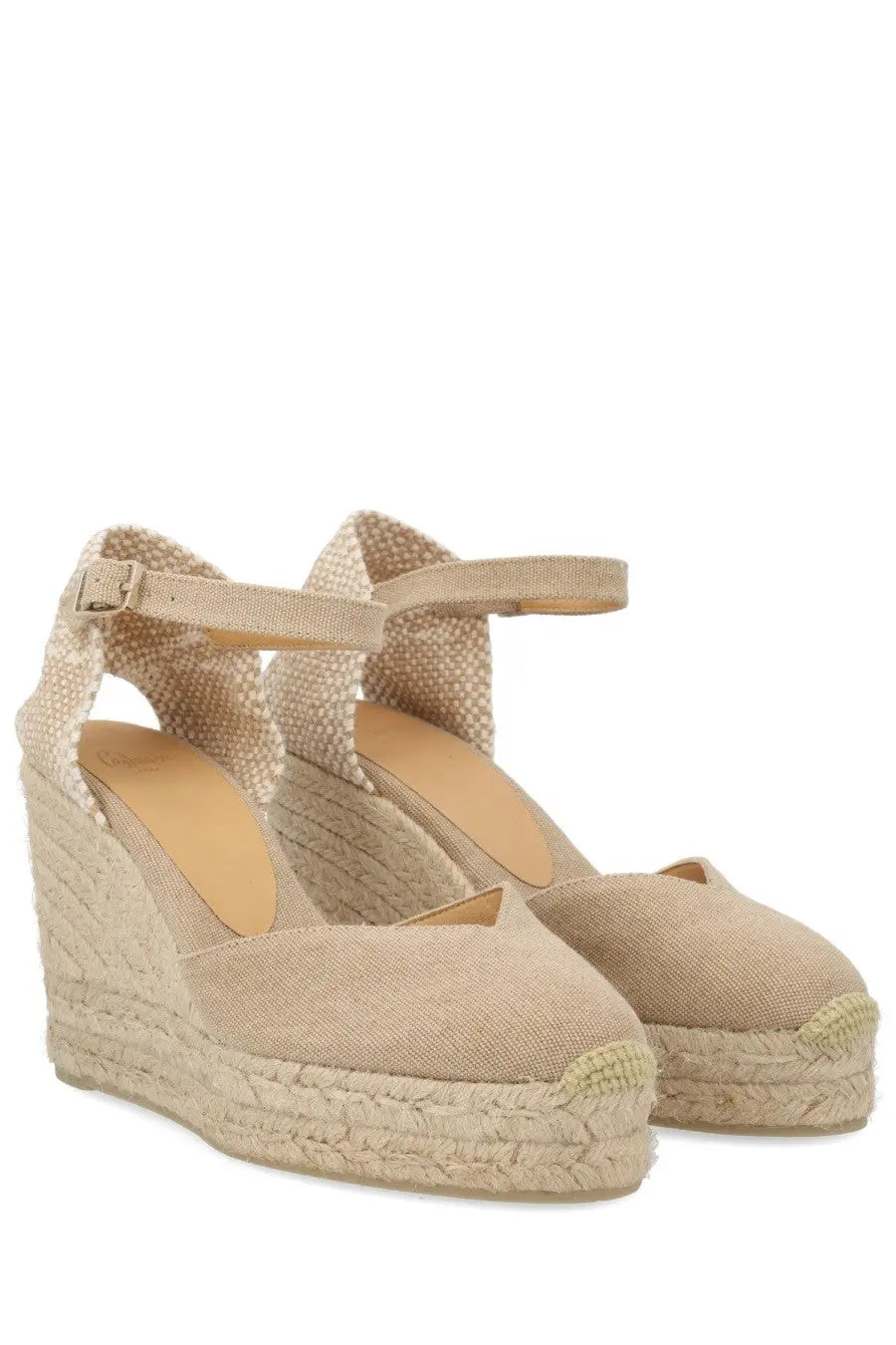 Castañer women’s beige woven espadrille wedge sandals with braided jute sole and ankle strap