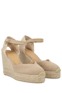 Castañer women’s beige woven espadrille wedge sandals with braided jute sole and ankle strap