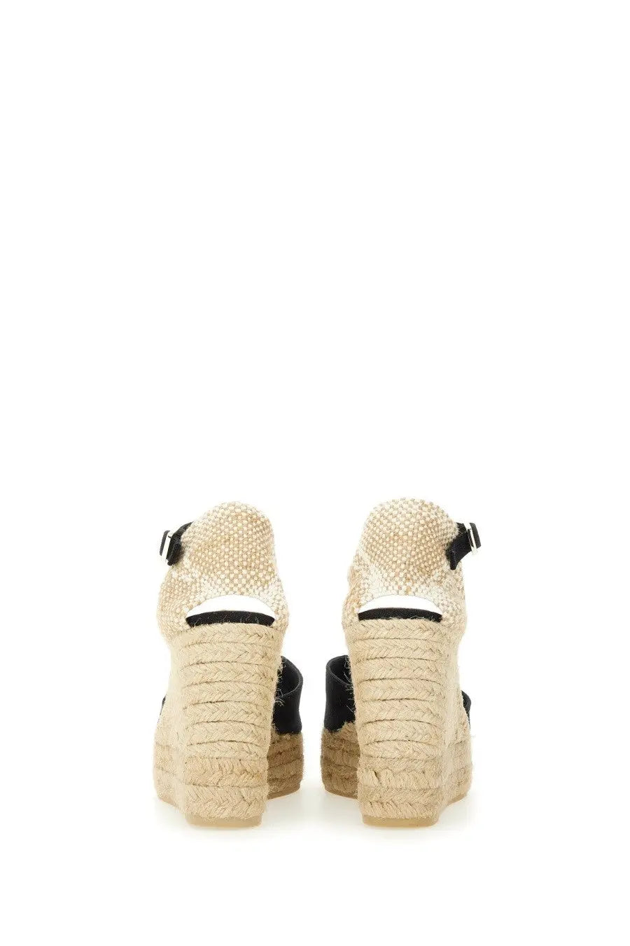 Castañer women’s espadrille chiarita black beige woven wedge sandals with black ankle straps and braided rope heel