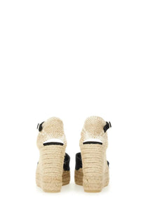 Castañer women’s espadrille chiarita black beige woven wedge sandals with black ankle straps and braided rope heel