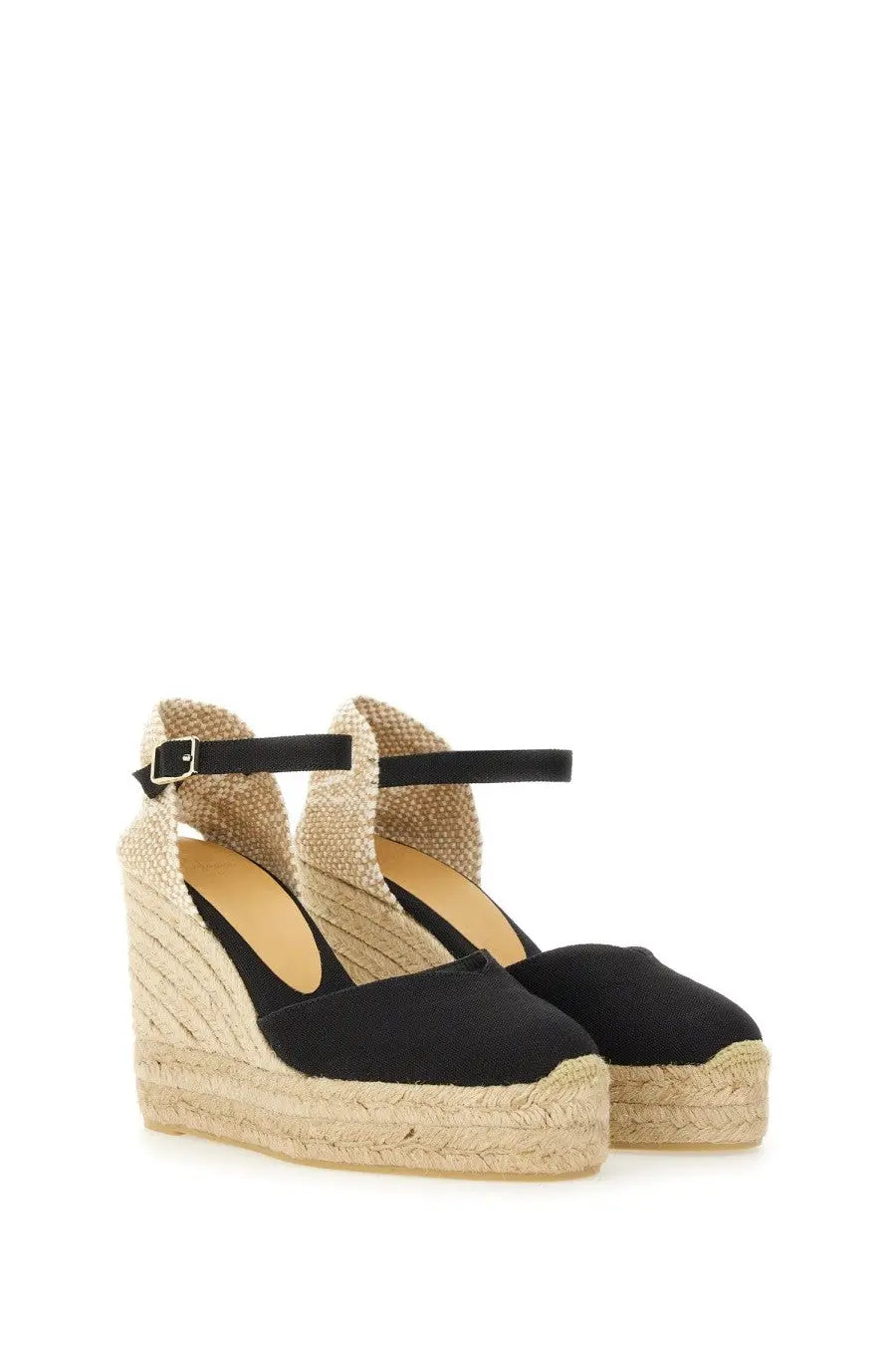 Castañer women’s espadrille chiarita black wedge sandals with black canvas upper woven jute sole and ankle strap