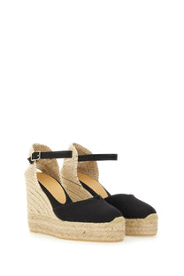 Castañer women’s espadrille chiarita black wedge sandals with black canvas upper woven jute sole and ankle strap