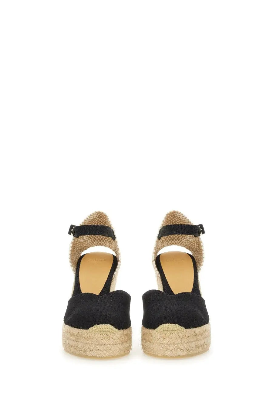 Castañer women’s espadrille chiarita black wedge sandals with woven jute sole and ankle strap front view