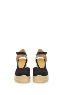 Castañer women’s espadrille chiarita black wedge sandals with woven jute sole and ankle strap front view