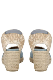 Castañer women’s espadrille clear blue beige and light blue woven wedge sandals with braided jute heel