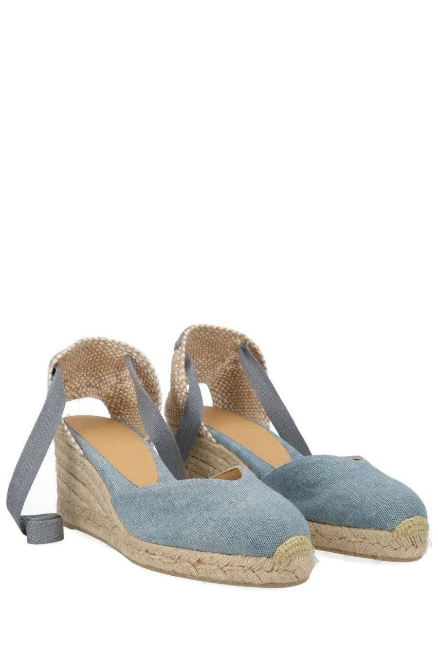 Castañer women’s espadrille clear blue light blue denim wedge sandals with gray fabric straps and woven jute sole