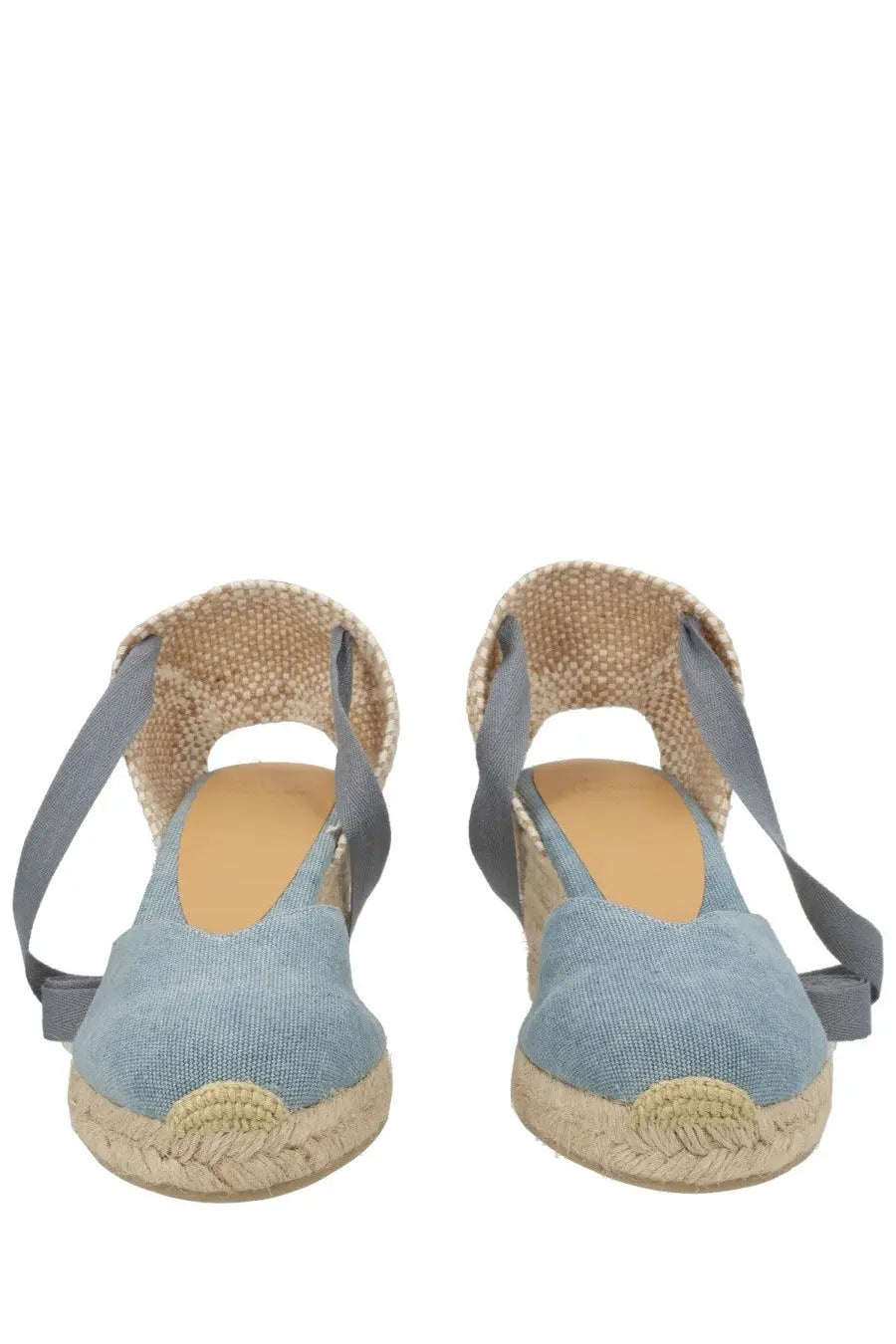 Light blue denim espadrille wedge sandals with gray fabric straps and woven jute sole by castañer women’s espadrille