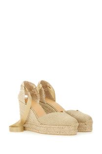 Castañer women’s beige woven espadrille wedge sandals with satin ribbon strap and braided jute sole