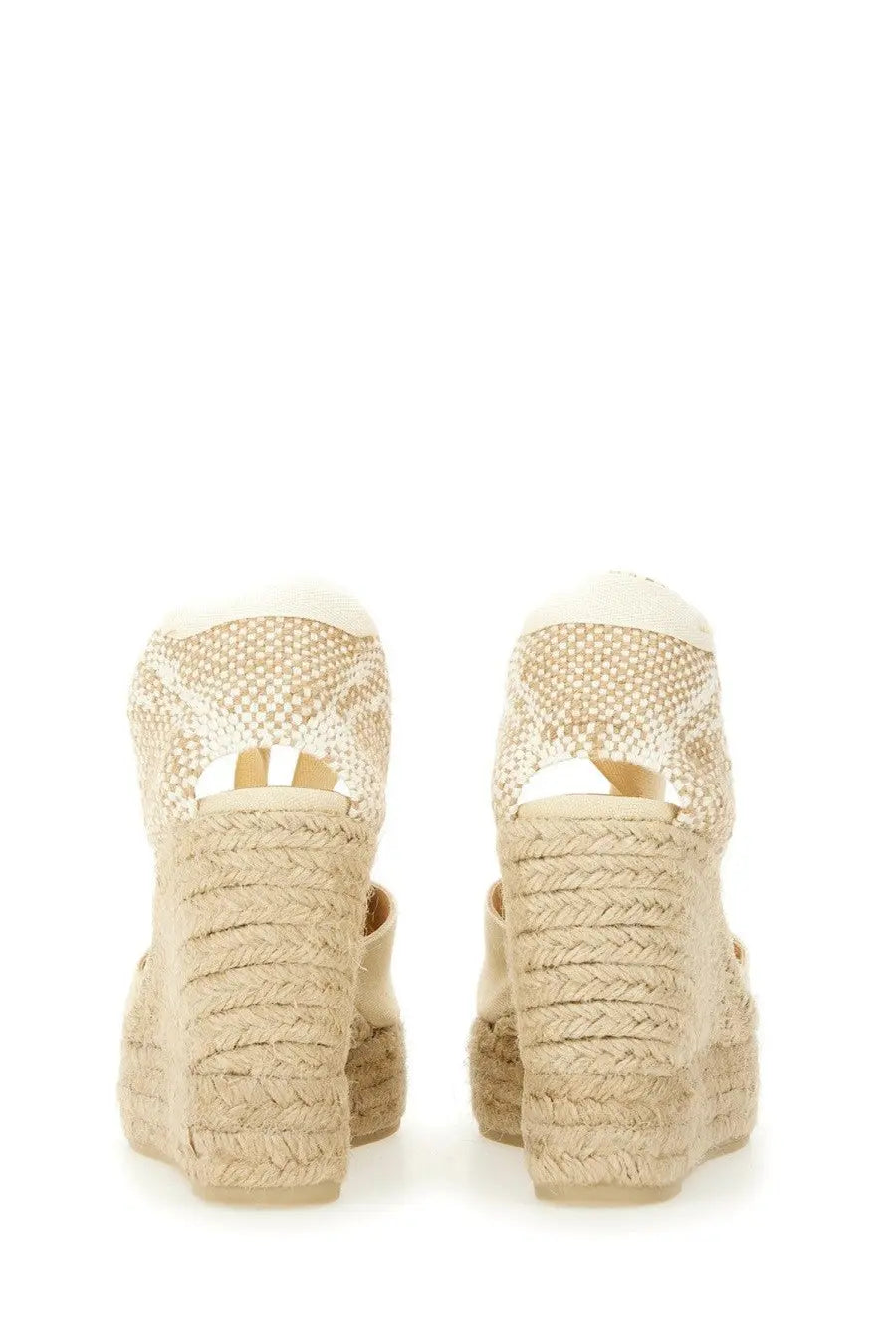 Beige woven espadrille wedge sandals with braided rope heel open back by castañer women’s espadrille clear white