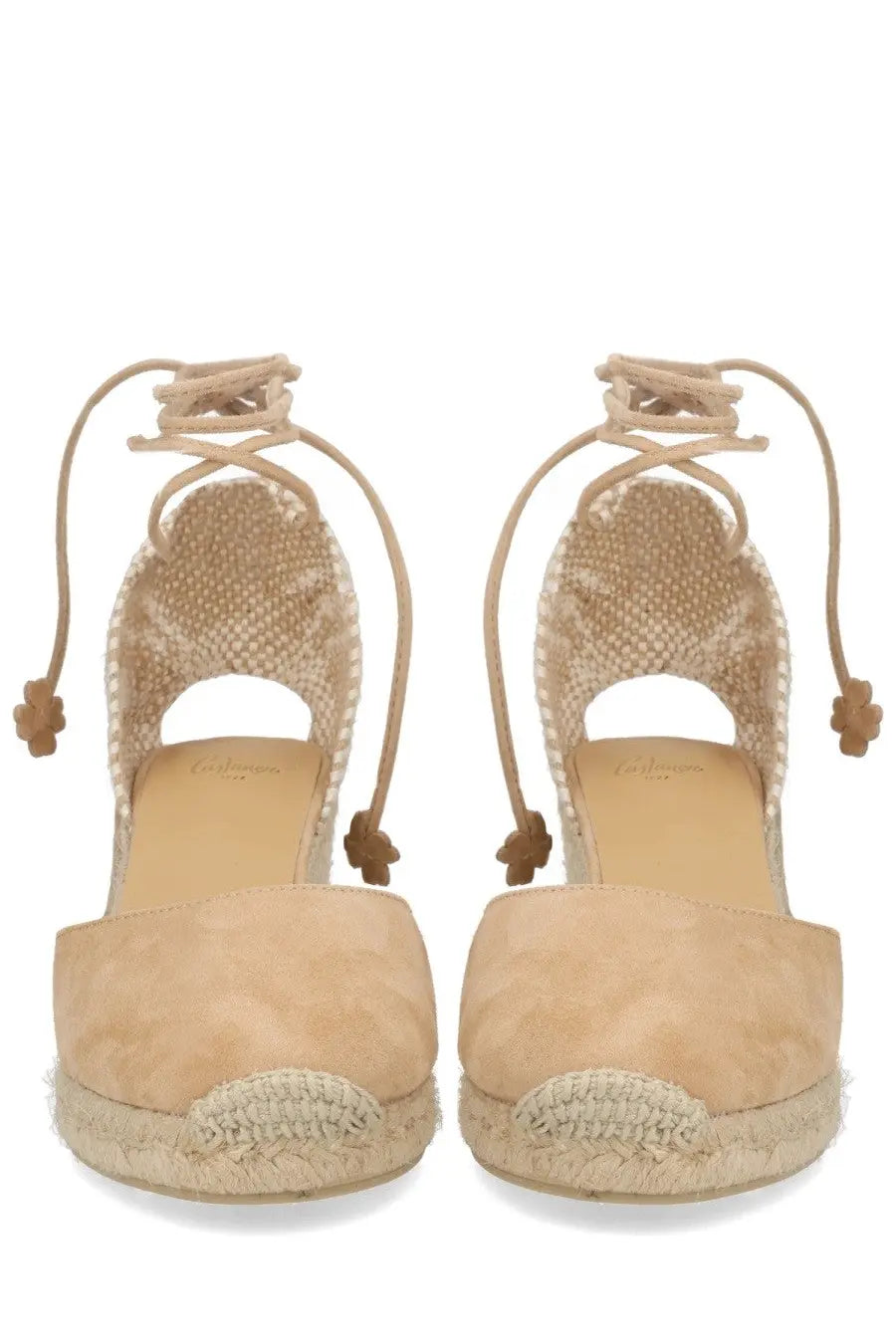 Castañer women’s beige suede espadrille wedge sandals with woven jute soles and lace-up ankle straps
