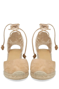 Castañer women’s beige suede espadrille wedge sandals with woven jute soles and lace-up ankle straps