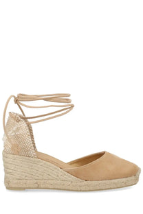 Beige espadrille wedge sandal with woven jute sole suede upper and lace-up ankle strap by castañer women’s espadrille cute beige